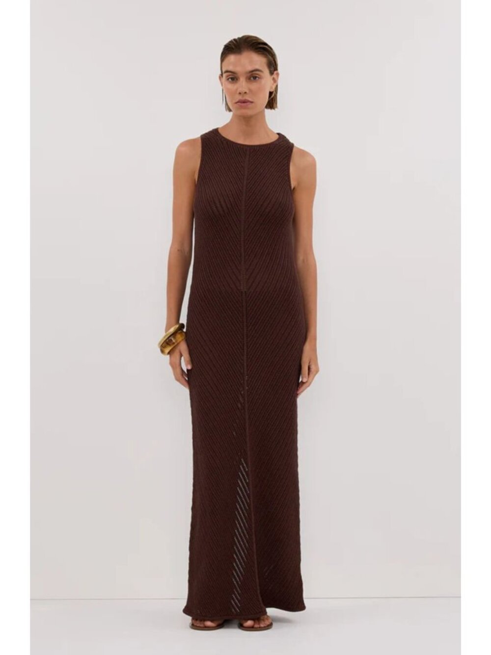 DISSH Bloom Chocolate Crochet Maxi Dress Knit Fitted Sleeveless Brown Large